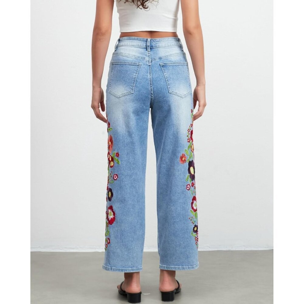 Women’s Cropped Denim Jeans Floral Print Mid Rise Straight Leg Casual - Picture 2 of 7